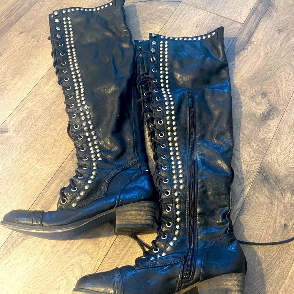 Over the knee studded black boots